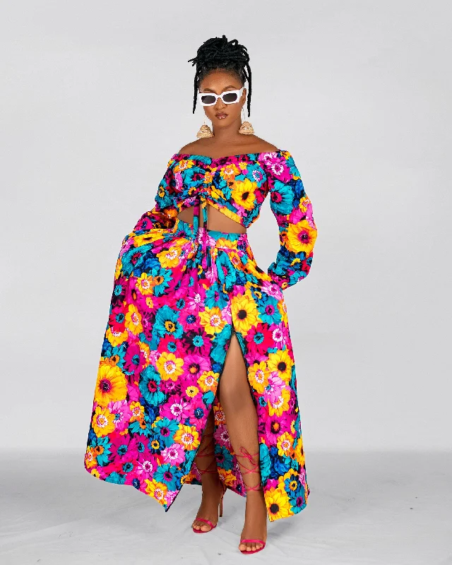 Camsy Ankara Maxi Skirt | Pink and Yellow Multicolored African Print denim skirt classic