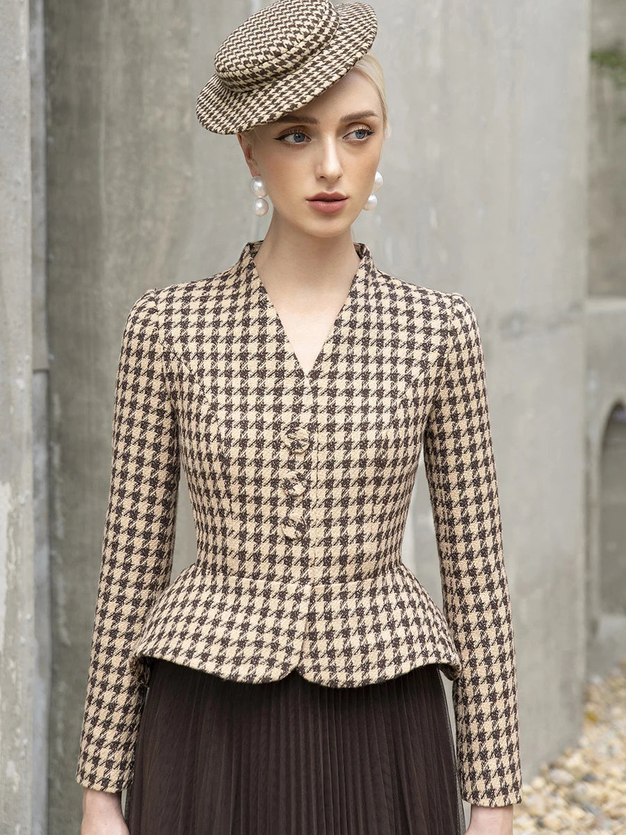 Tailor Shop Retro Slim and Thin Classic Dark Brown Houndstooth Winter Tweed Light Luxury Top and Pleat Skirt Semi-Formal Outfit chiffon skirt lightweight