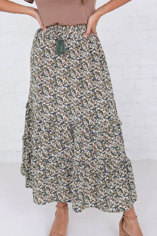 Asymmetrical Tiered Maxi Skirt in Summer Fields Floral- Misses and Plus (XS) chiffon skirt lightweight