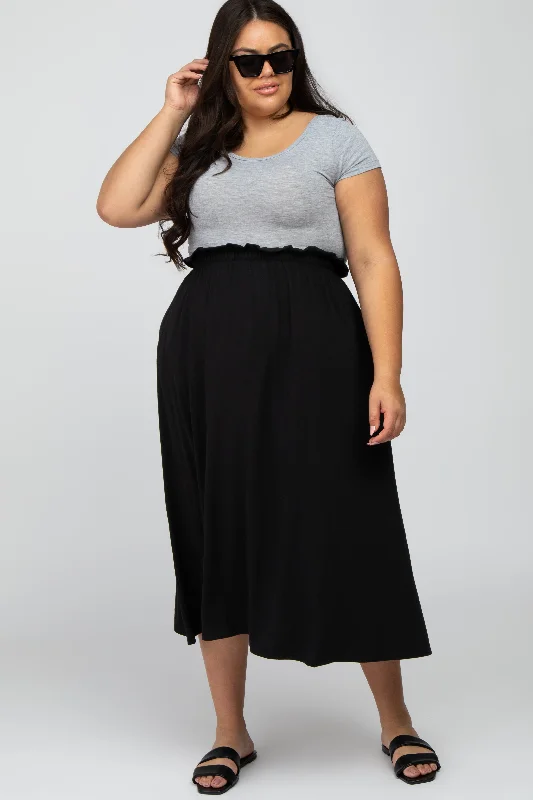 Black Gathered Waist Plus Midi Skirt linen skirt breathable