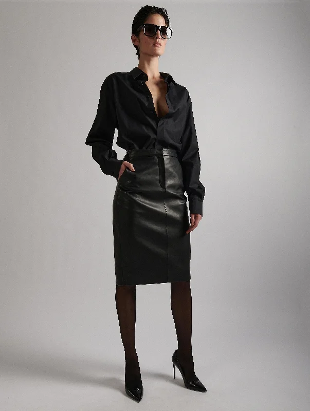 Black leather pencil skirt linen skirt breathable