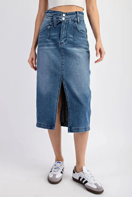 Crossover Denim Midi Skirt tiered skirt playful