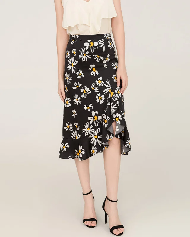 Daisy Print Asymmetrical Hem 100% Silk Midi Skirt summer skirt style