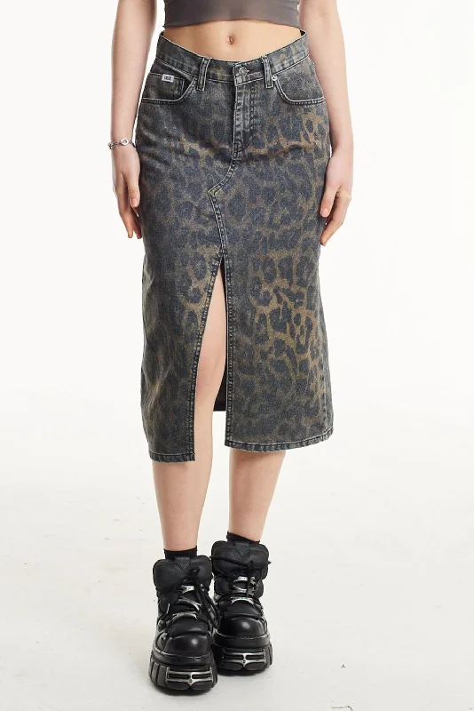 Dark Leopard Denim Midi Skirt seamless skirt comfort