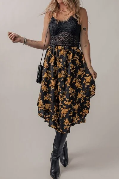 Floral Buttoned Ruffle Hem Skirt denim skirt fashionable