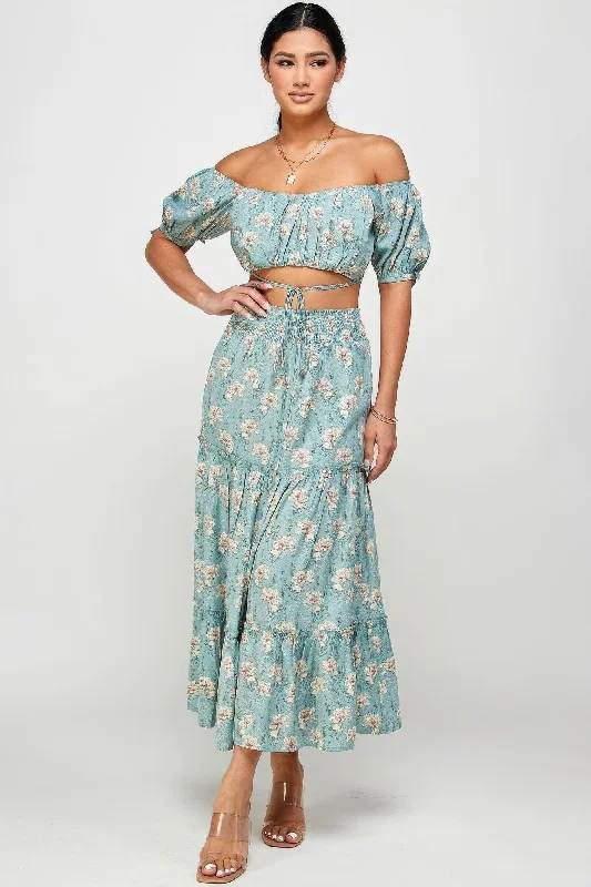 Floral Off-Shoulder Women's Top & Skirt Set with Back Tie high waist skirt