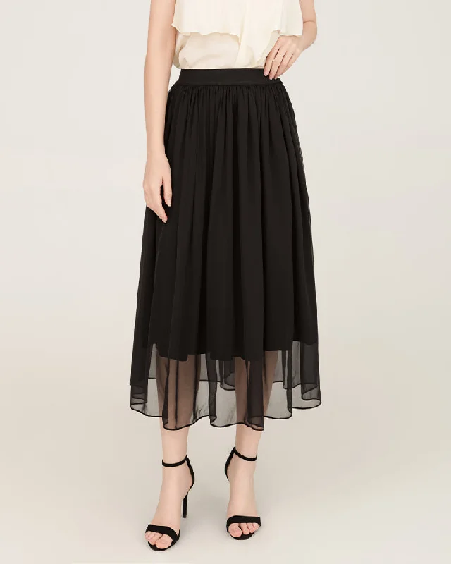 Black Silk Midi Skirt with Tulle Layer corduroy skirt durable