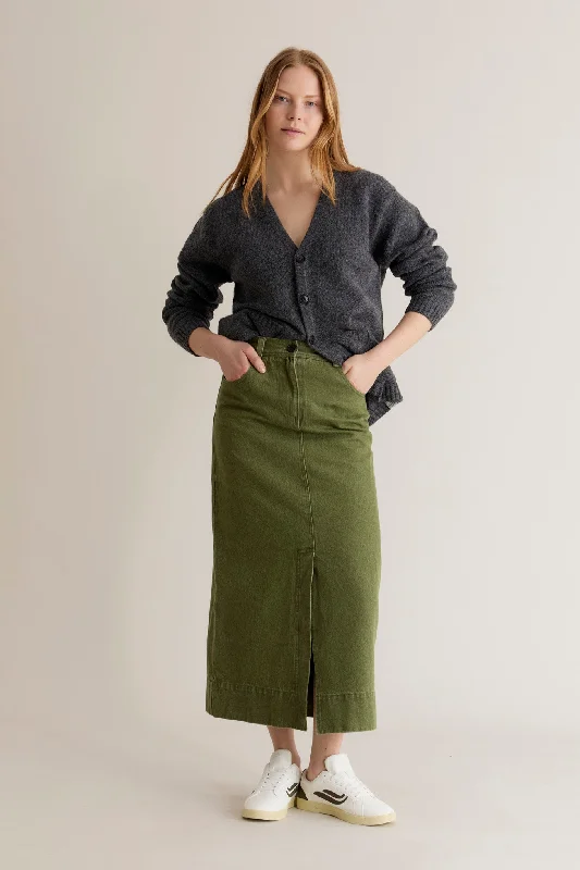 Grace Organic Cotton Denim Skirt Green high slit skirt