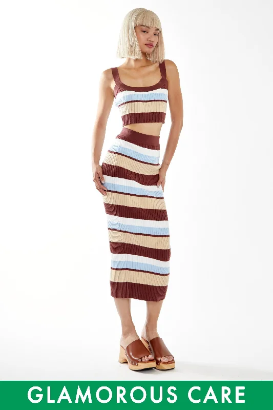 Blue-Brown Stripe Rib Knit Midi-Skirt lace skirt intricate