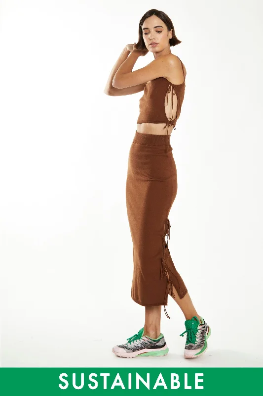 Mahogany-Brown Side Tie Knit Midi-Skirt belted skirt waist