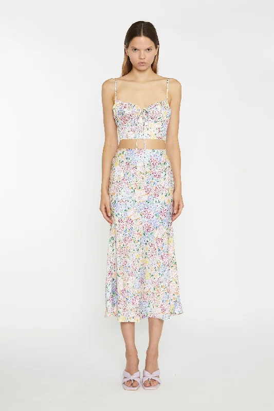 Painted Multi-Floral Bias-Cut Midi-Skirt chiffon skirt airy