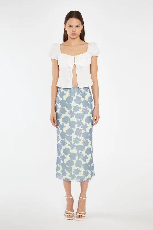 Blue-Green Floral Mesh Lace-Trim Midi-Skirt tiered skirt playful