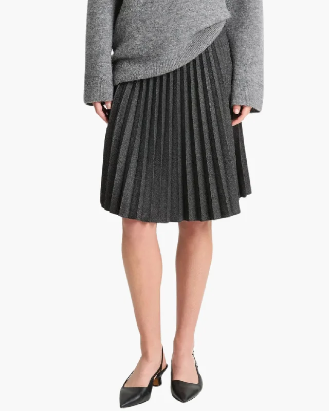 MID RISE PLEATED HERRINGBONE MIDI SKIRT IN CHARCOAL wool skirt breathable