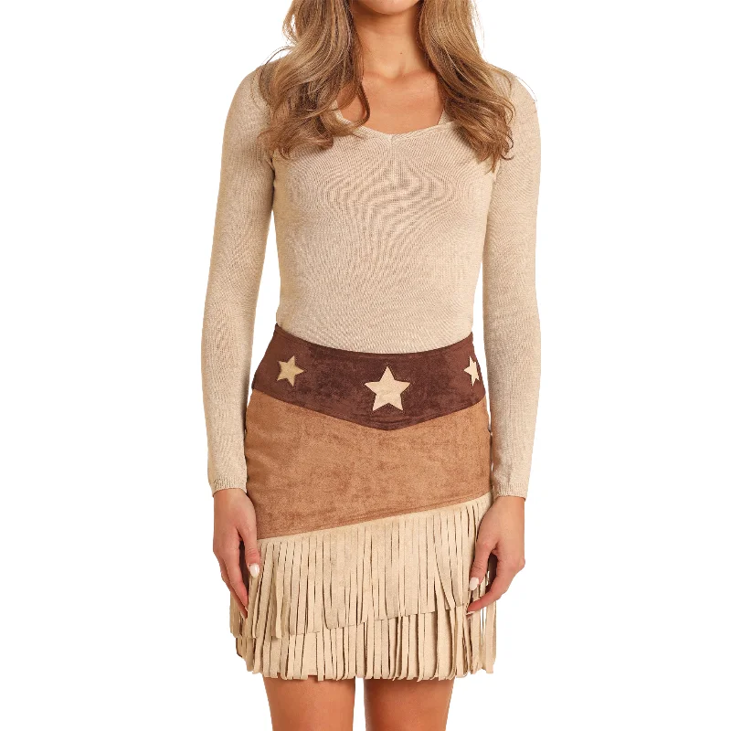 Panhandle Ladies Khaki Star Skirt With Fringe BW69B05232 lace skirt feminine