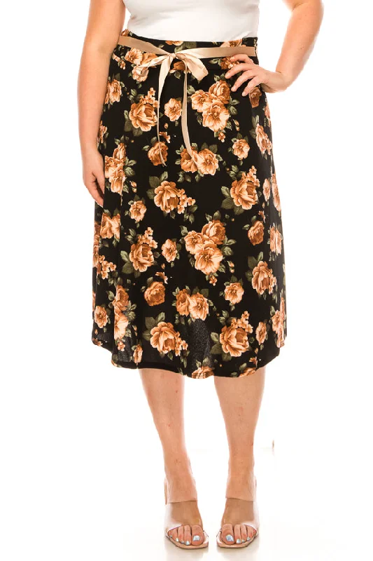 Plus size floral print A-line knee length skirt velvet skirt glossy