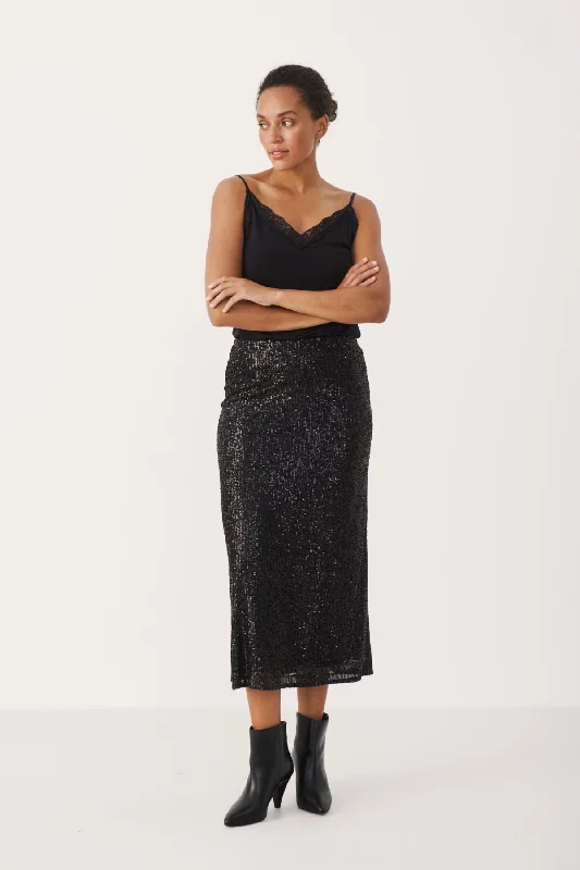 Teffani Black Sequinned Skirt satin skirt smooth