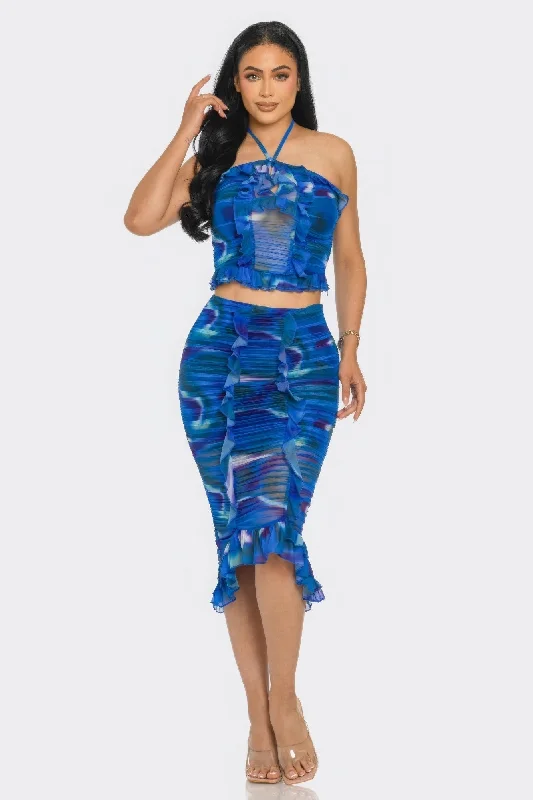 Tropical Waters Print Mesh Ruffle Halter Skirt Set denim skirt casual