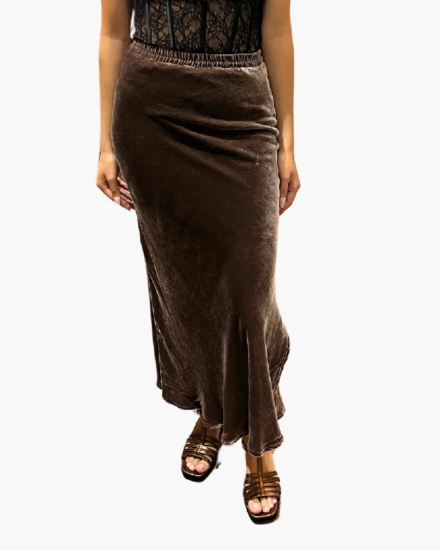 VELVET LONG BIAS SKIRT IN FUDGE lightweight skirt design