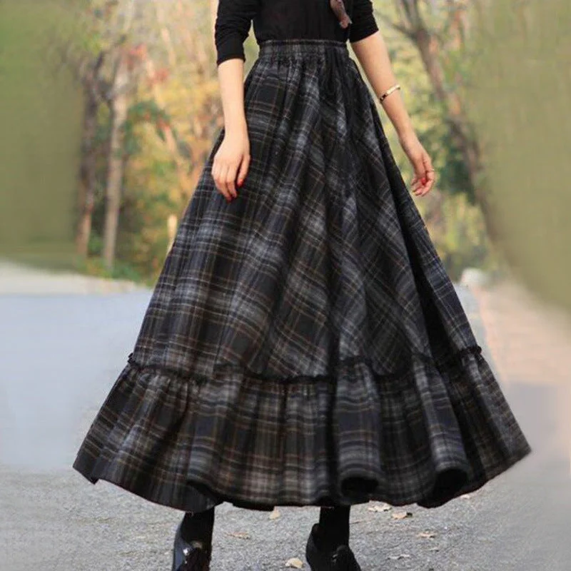 Vintage Plaid Design Women Long Skirt patchwork skirt art