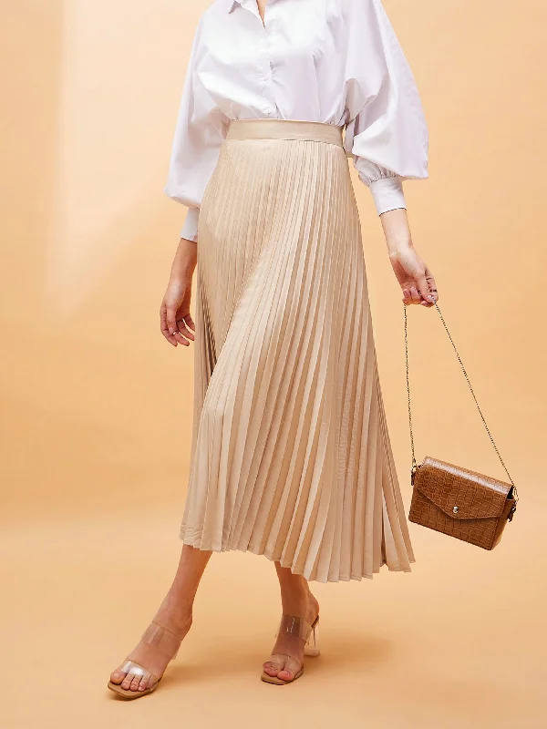 Women Beige Accordion Pleated Belted Midi Skirt leather skirt bold