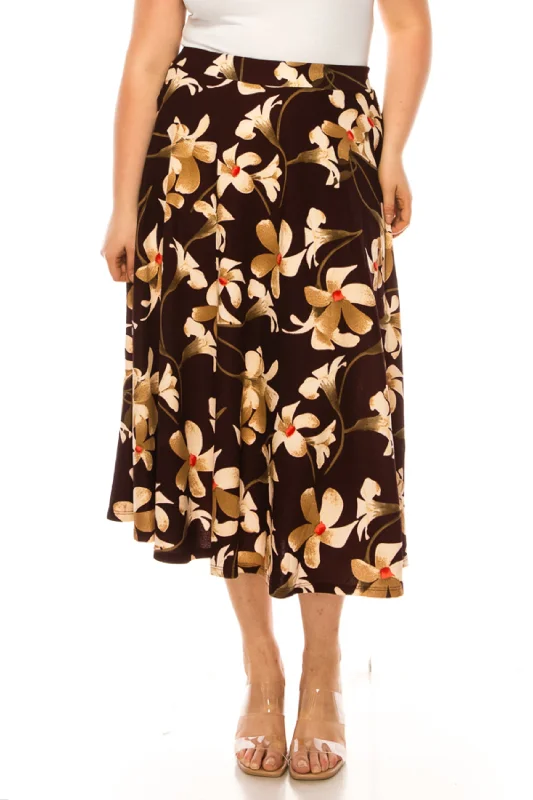 Women's Plus size A-line midi skirt with flowers and elastic waistband wool skirt breathable