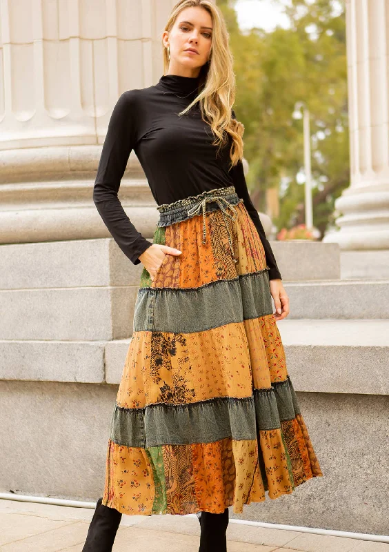 YOUNG THREADS - Women Denim and Print Mix Tier Maxi Skirt maxi skirt elegant