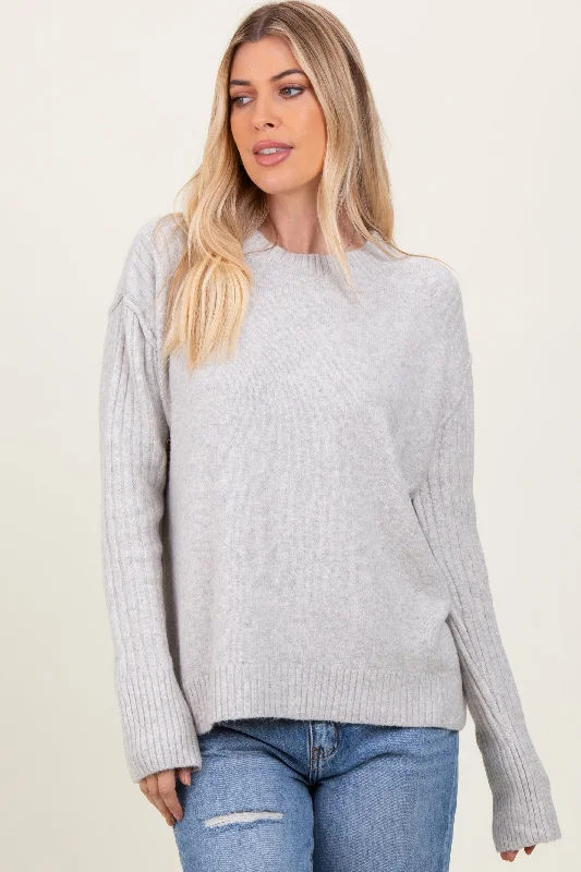 Heather Grey Long Sleeve Raised Seam Sweater Front Pockets Side Pockets Patch Pockets Heather Grey Long Sleeve Raised Seam Sweater Front Pockets Side Pockets Patch Pockets