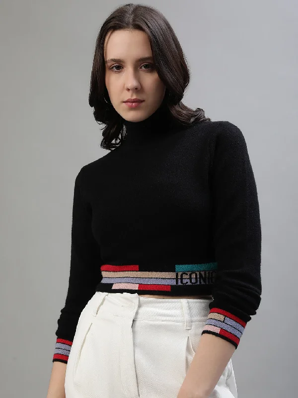 Iconic Women Black Solid Turtle Neck Full Sleeves Sweater Polka Dot Checkered Tartan Iconic Women Black Solid Turtle Neck Full Sleeves Sweater Polka Dot Checkered Tartan