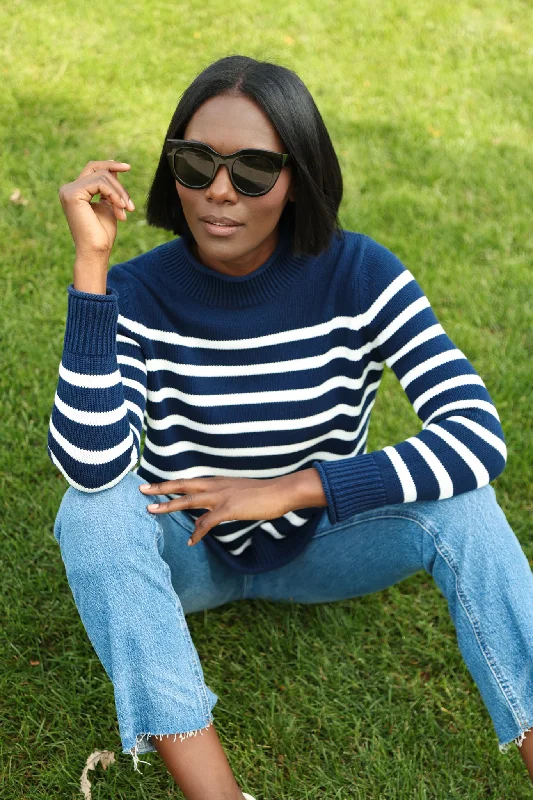 Mock Roll Neck Heirloom Cotton Sweater in Navy & Ivory Stripe Fitted Loose Oversized Mock Roll Neck Heirloom Cotton Sweater in Navy & Ivory Stripe Fitted Loose Oversized