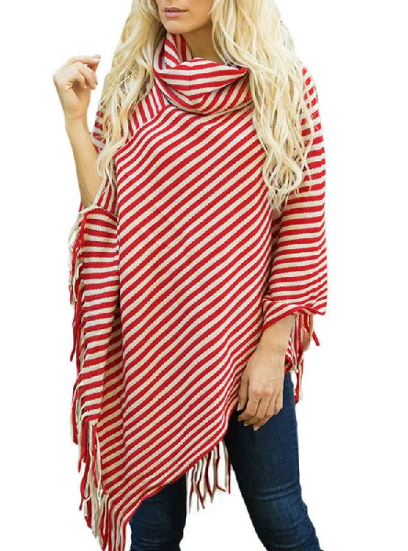 TastyHottie - OBLIQUE STRIPED HIGH NECKED FRINGED CAPE SHAWL SWEATER Zippered Buttoned Snapped TastyHottie - OBLIQUE STRIPED HIGH NECKED FRINGED CAPE SHAWL SWEATER Zippered Buttoned Snapped