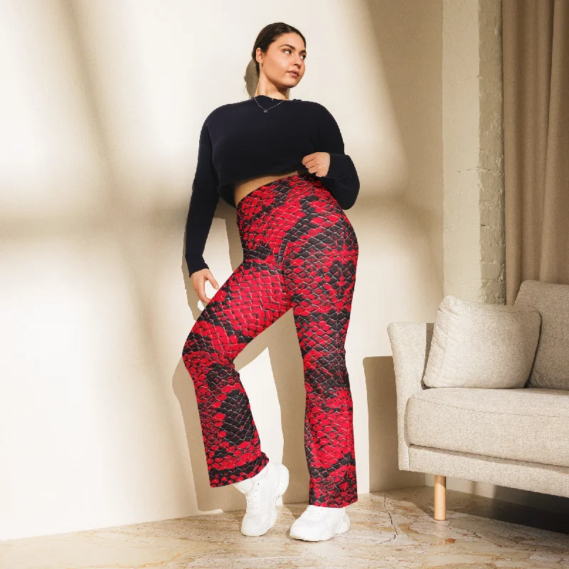 Trendy Red Snakeskin Flare Leggings, lioness-love Comfortable Full-Body Compression Leggings Trendy Red Snakeskin Flare Leggings, lioness-love Comfortable Full-Body Compression Leggings