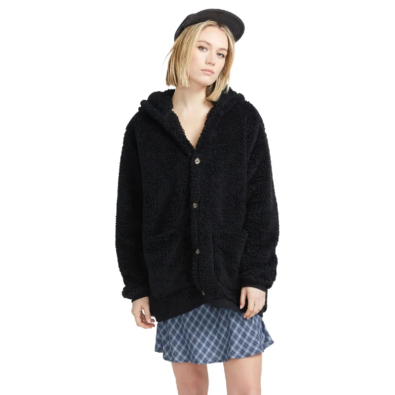 Volcom Fyresyde Body Wrap Women's L/S Sweater - Black Fleece Sweater Nylon Polyester Volcom Fyresyde Body Wrap Women's L/S Sweater - Black Fleece Sweater Nylon Polyester