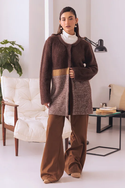 BROWN ROUND NECK FULL SLEEVES CARDIGAN SWEATER (24X-077-66) Elasticated Padded Insulated