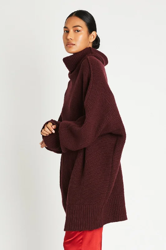 + Beryll Clara Oversized Sweater | Burgundy Hooded Caped Shawl Collar