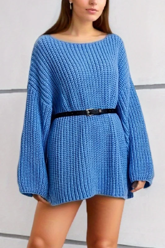 Boat Neck Dropped Shoulder Mini Sweater Dress Seamless Knitted Crochet