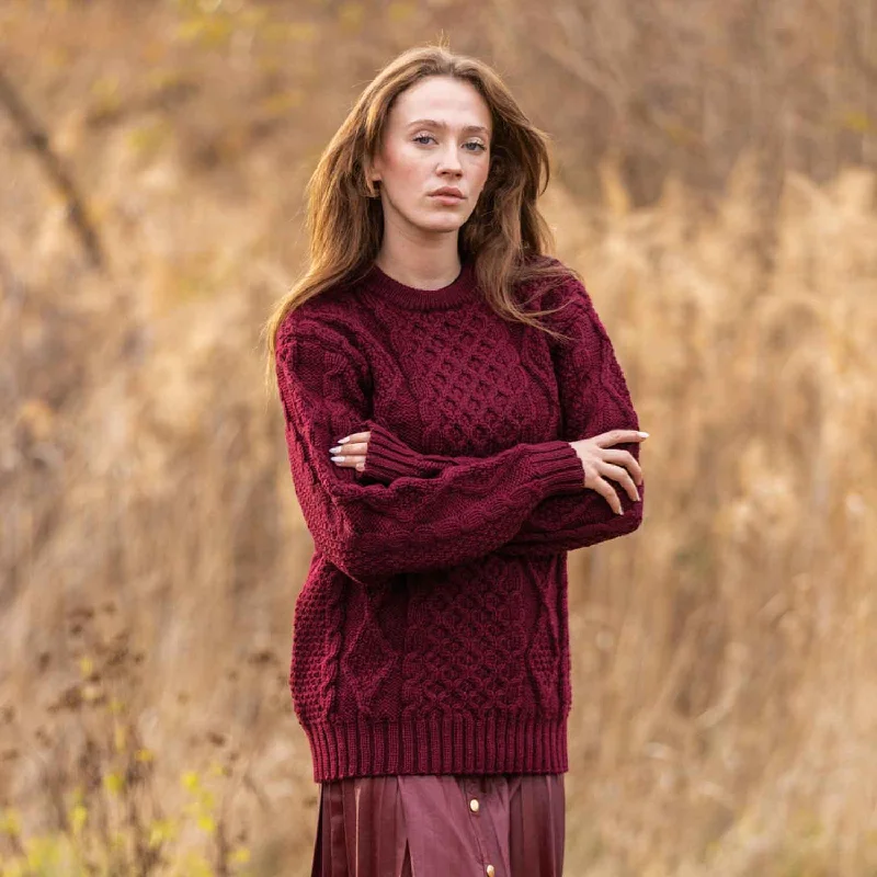 Women's Cable Aran Knit Fisherman Sweater, Wine Iron Safe Non-Iron Wrinkle Free