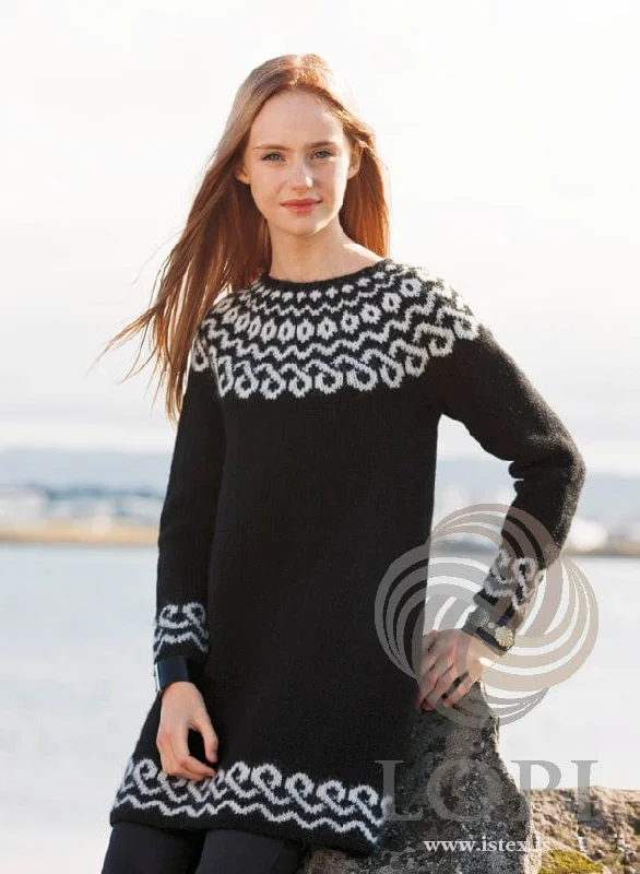 Chain black & white sweater dress - Lettlopi Knitting Kit Hooded Sweater Collared Sweater Shawl Collar