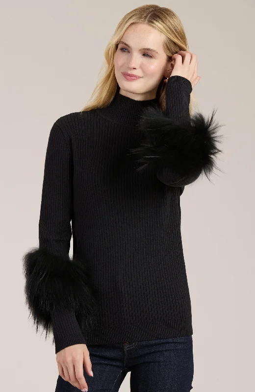 Cotton Cashmere Mock Neck Fur Sweater - Black Fitted Loose Oversized