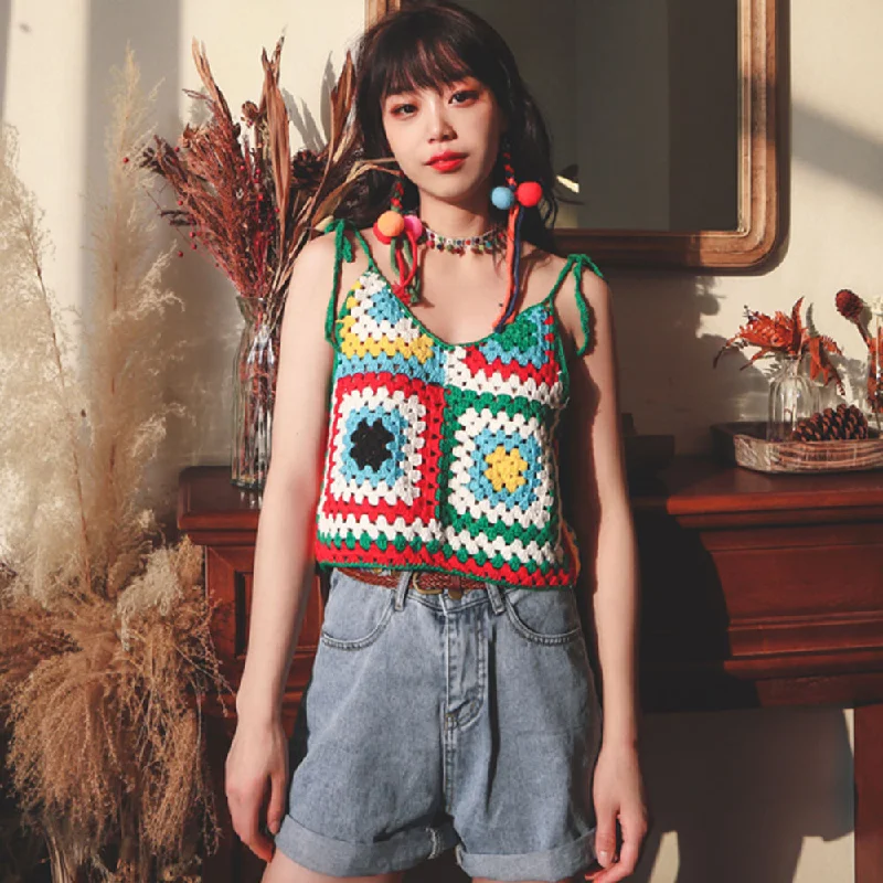 Custom knitwear women sweater factory wholesale crochet LOGO vest Mesh Sweater Canvas Denim