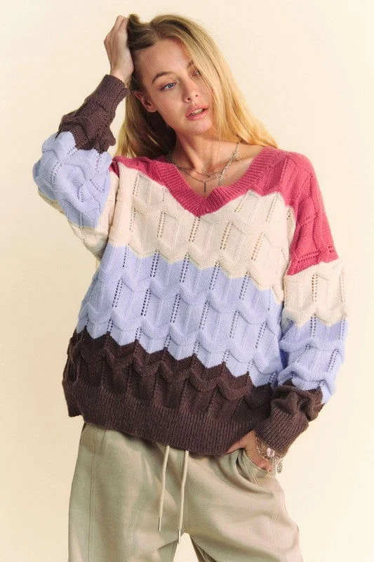 Davi & Dani Wavy Texture Color Block V-Neck Sweater Ribbed Striped Patterned