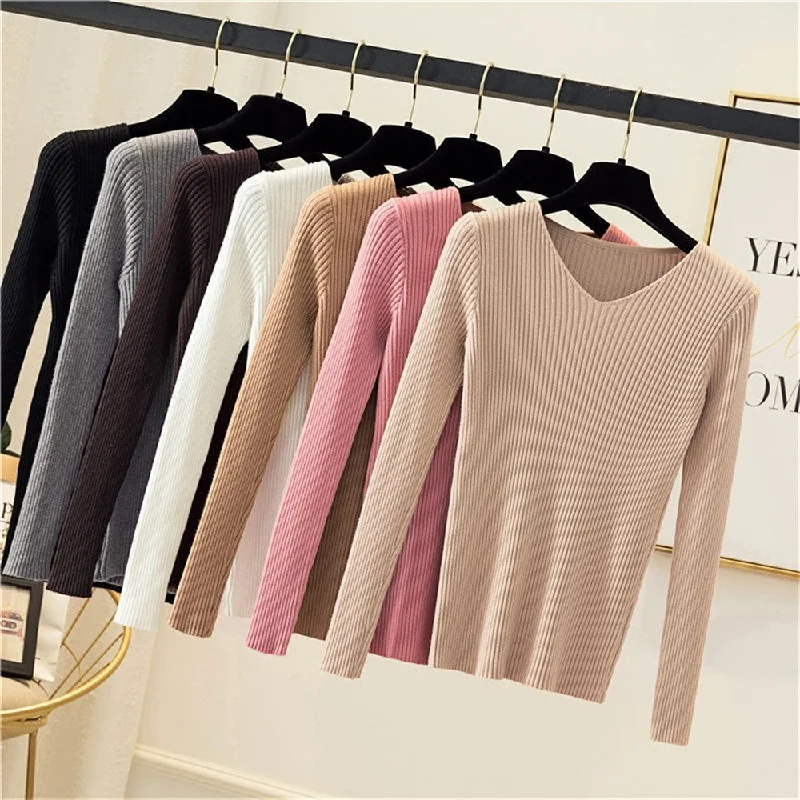 DeRuiLaDy 2019 Fall Winter Women Sweater Fashion Slim Sweaters Wild Vintage Knitted V-Neck Soft Warm Pink Pullover Sweater Tops High Neck Crew Neck V-Neck