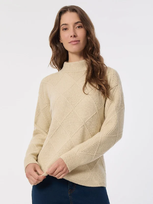 Diamond Stitch Mock Neck Sweater Spandex Blend Rayon Blend Denim Blend