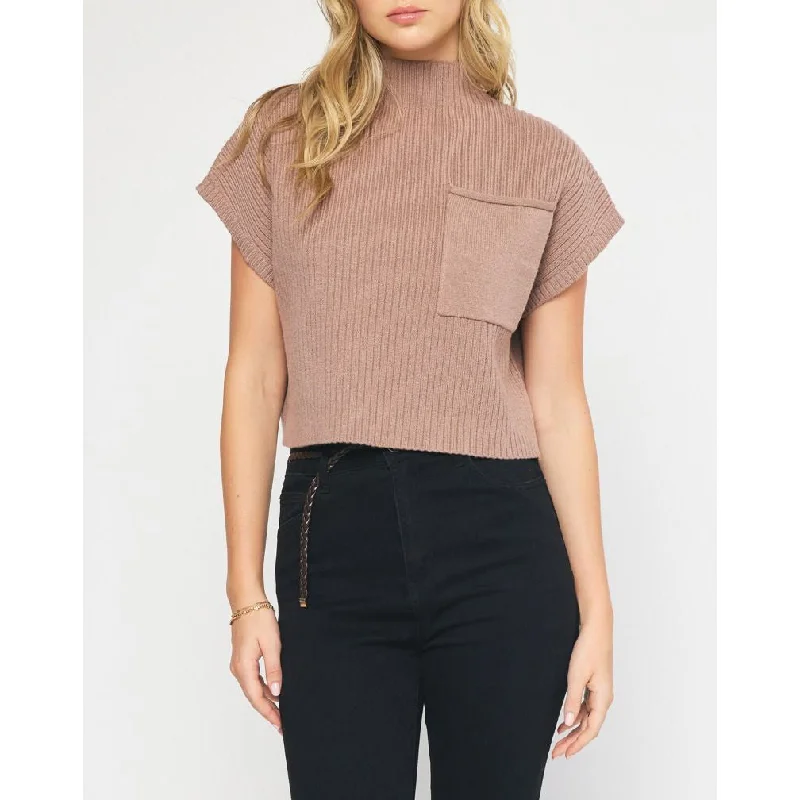 Entro - Mock Neck Cropped Sweater Top - Mocha Boxy Sweater Fitted Sweater A-Line