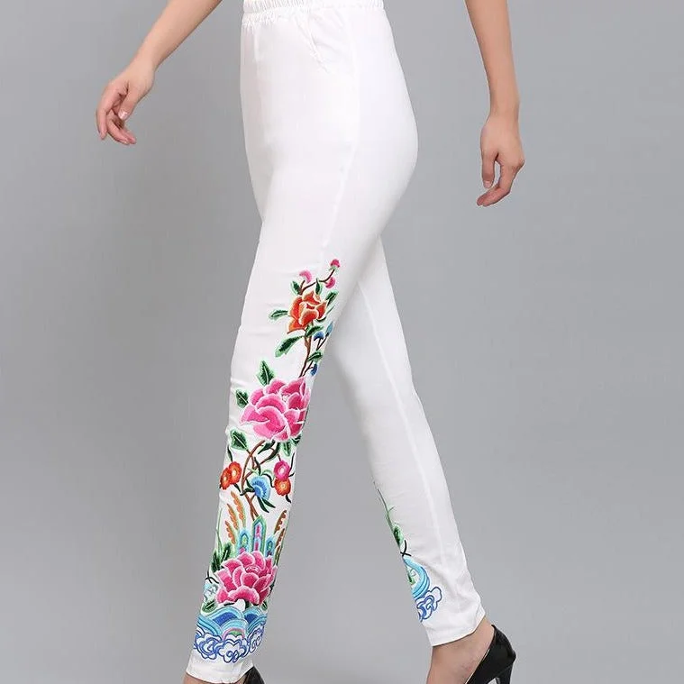 Floral Embroidery Fleece-lined Chinese Style Women's Skinny Pants Leggings Trendy Full-Length Leggings