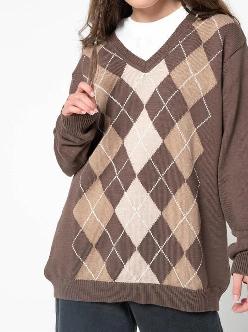 Trendy and Comfortable: Geometric V-Neck Long Sleeve Sweater Cashmere Blend Cotton Blend Poly Blend