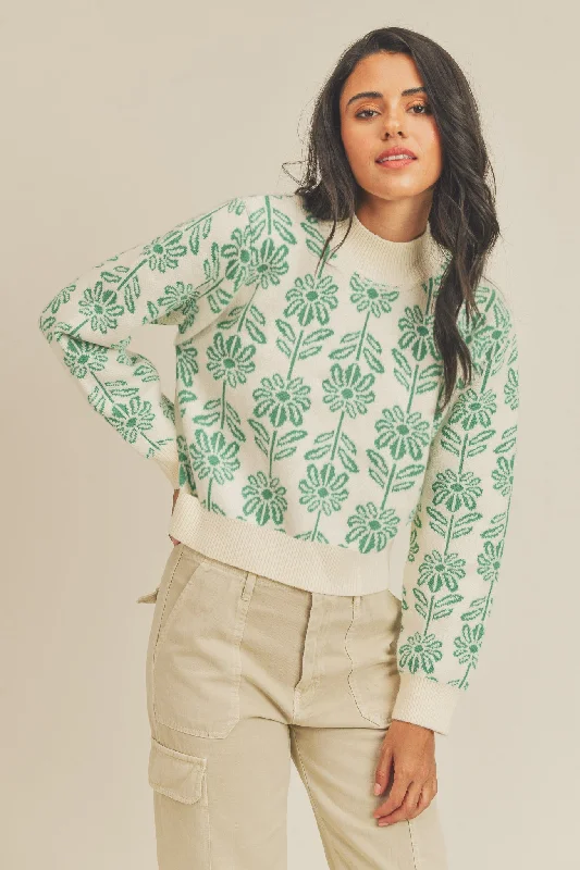 Growing A Garden Green Floral Print Sweater Bright Pastel Dark