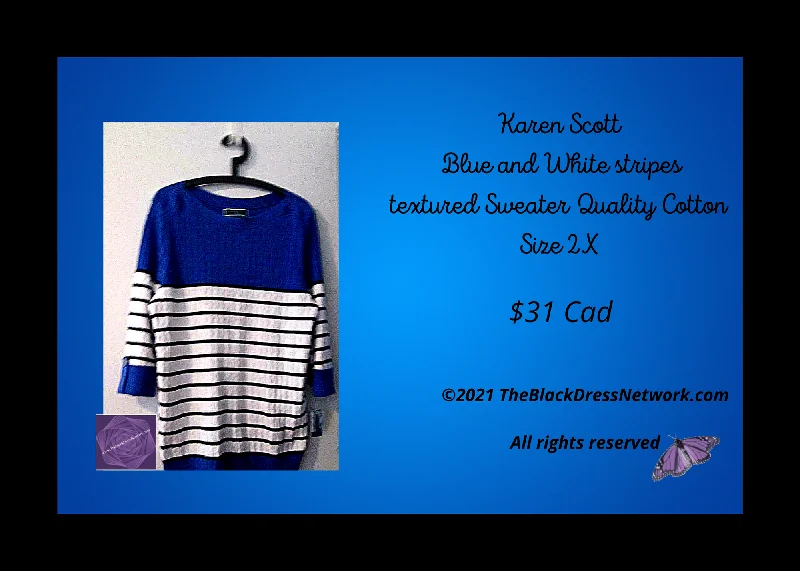 Karen Scott New Beautiful Blue and White stripes textured Sweater Quality Cotton Plus 2X Casual Chic Mesh Fabric Canvas Fabric Denim Fabric