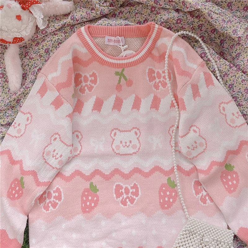 Pink Strawberry Knit Bear Sweater Satin Blend Silk Blend Wool Blend