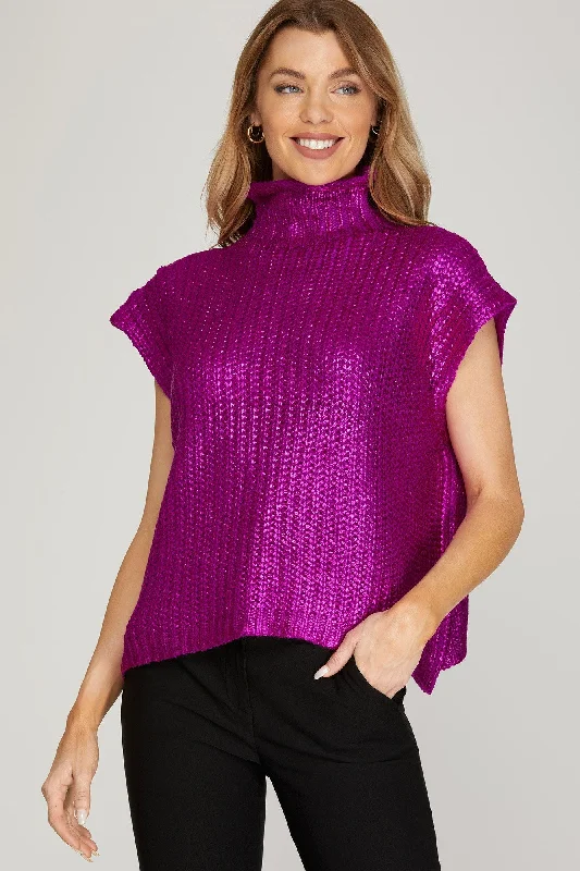 Let's Go Disco Magenta Sweater Top Glossy Satin Silk