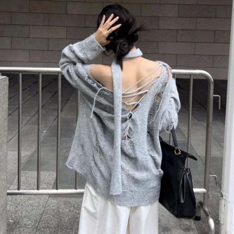 Lunivop High Street Gray Hollow Hole Sexy Long Sleeve Sweater Women Autumn New Korean Strapless Lace-up Loose Casual Knitted Tops Zippered Front Buttoned Front Snap Front